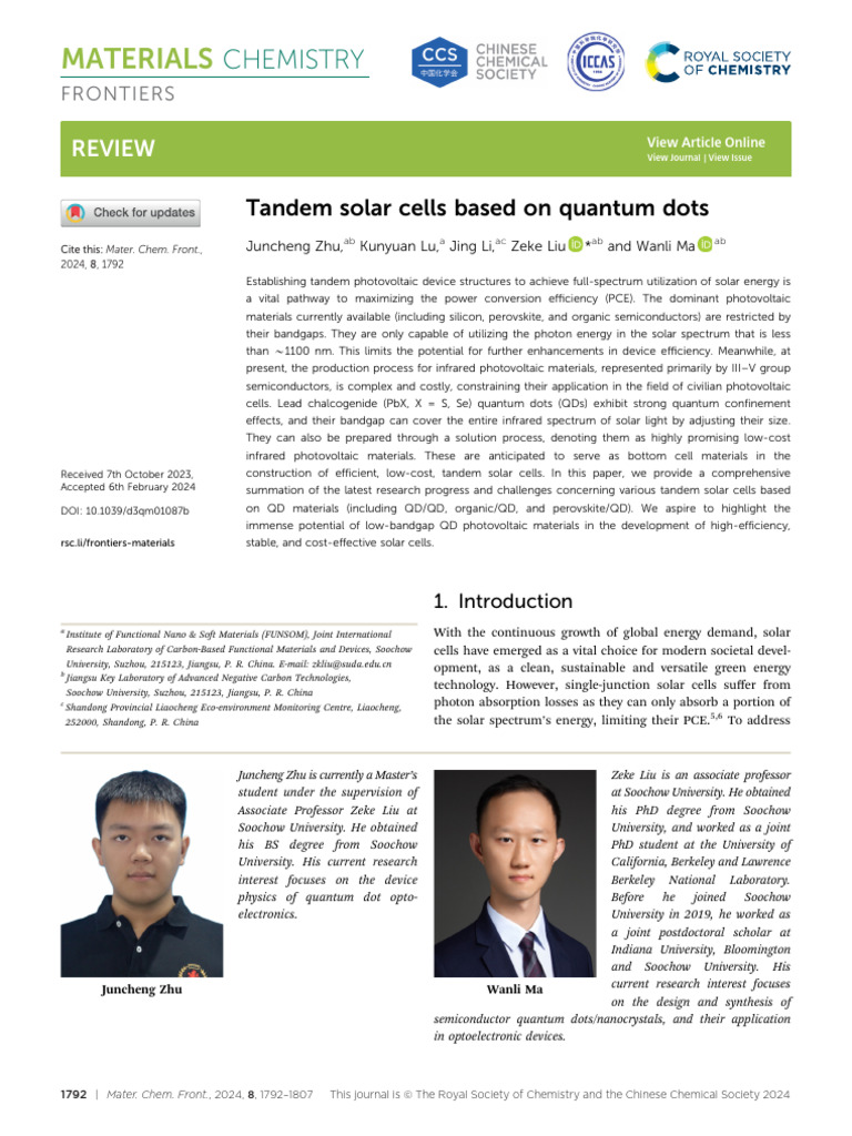 Quantum Dot Tandem Solar Cells Review | PDF | Solar Cell | Band Gap