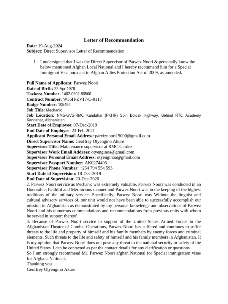 Recommendation for Parwez Noori's Visa | PDF | National Security
