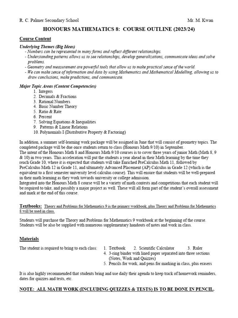 Math8Inc CourseOutline Topics | PDF | Mathematics