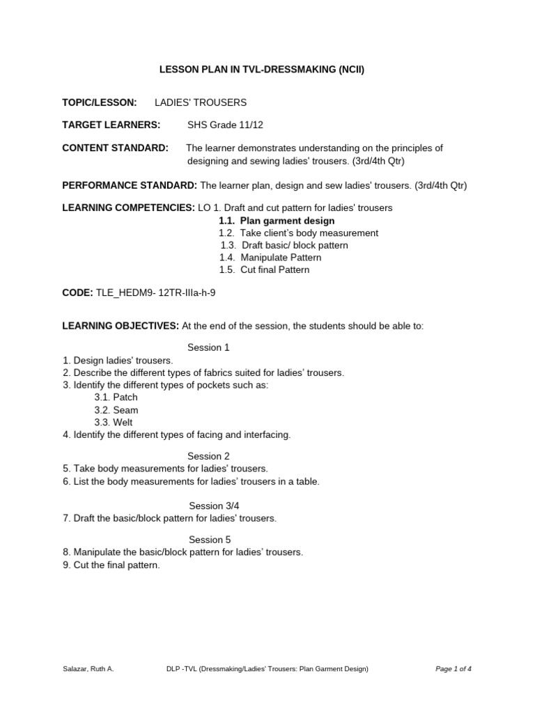 Dressmaking Lesson Plan: Ladies' Trousers | PDF | Sewing | Trousers