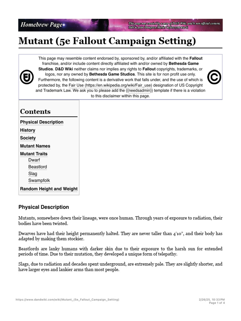 Mutant (5e Fallout Campaign Setting) - D&D Wiki | PDF
