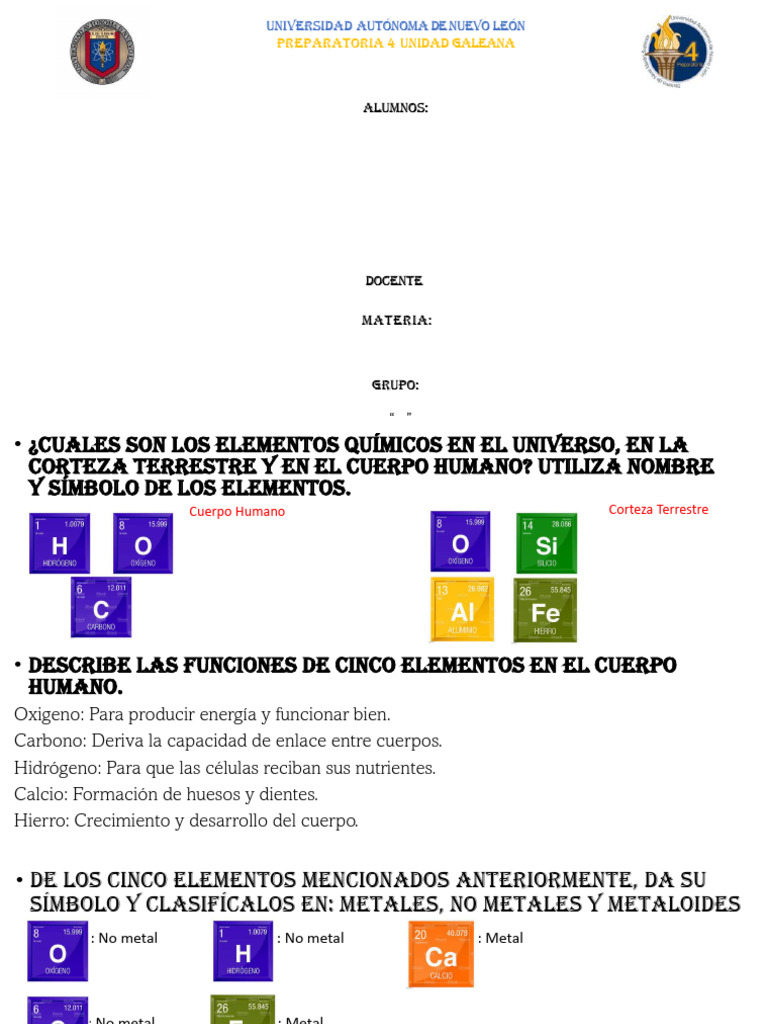 Elementos Químicos y su Función en el Cuerpo | PDF | Elementos químicos ...