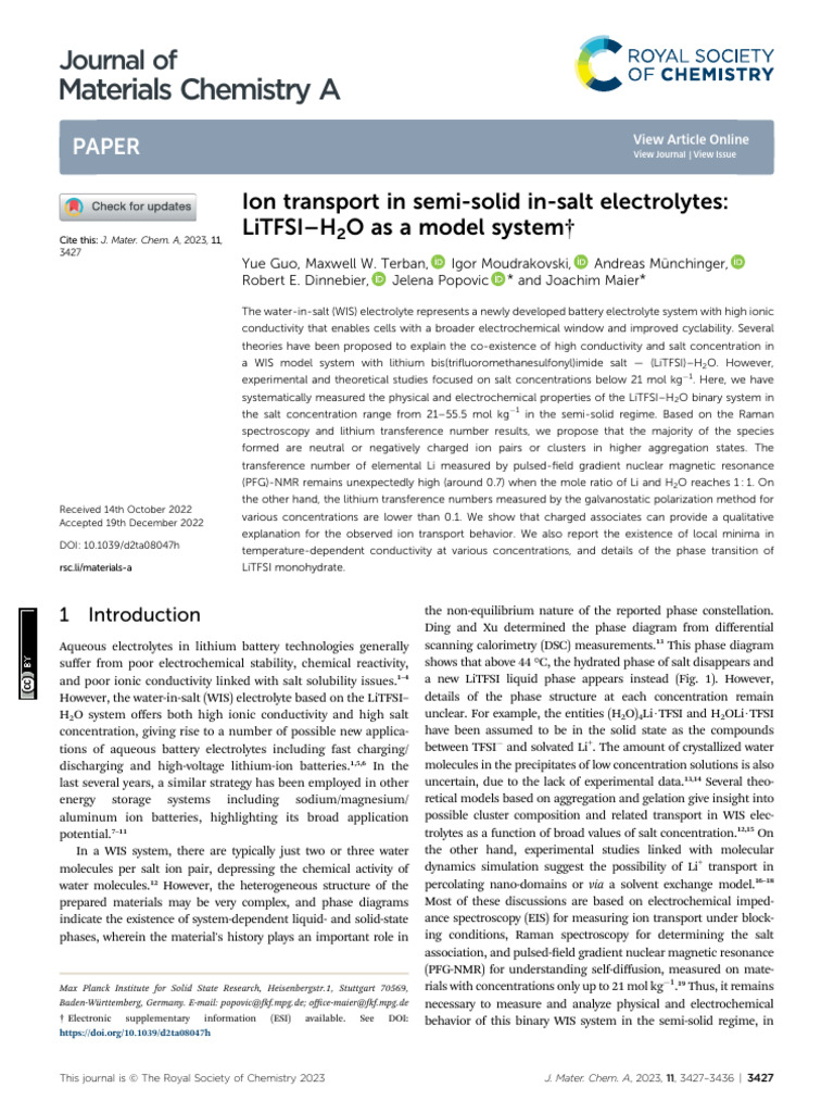 2022_Ion transport in semi-solid in-salt electrolytes_LiTFSI–H2O as a ...