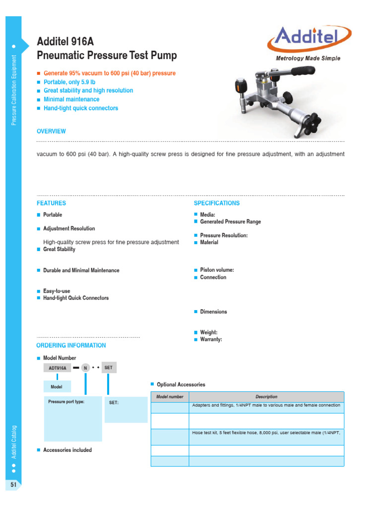 Additel 916A Pneumatic Test Pump | PDF | Pump | Pressure