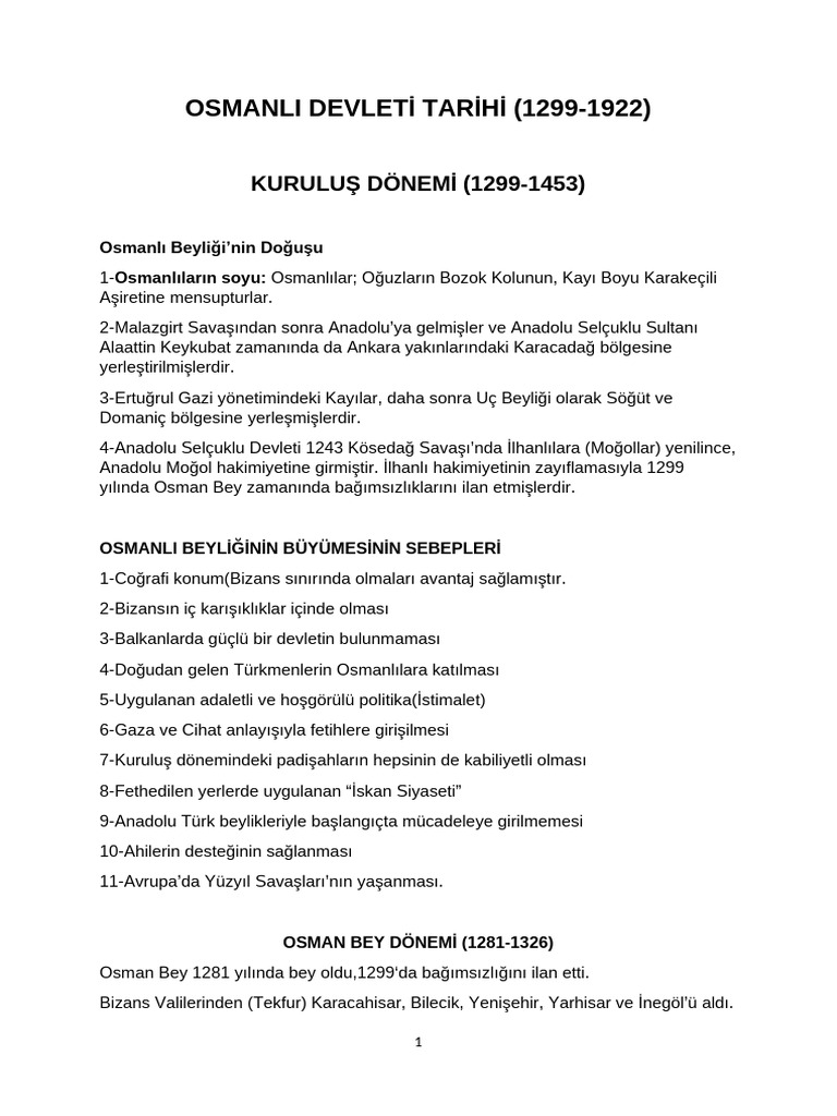 Osmanlı Tarihi Kısa Notlar | PDF