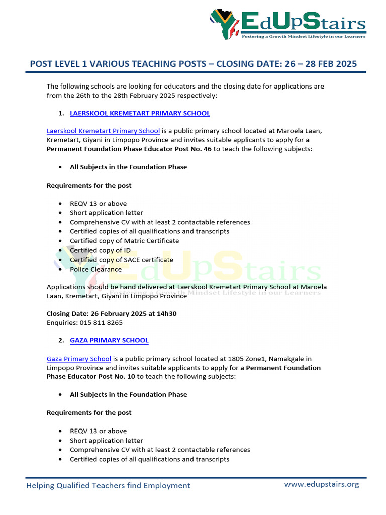 Various Teaching Posts 26 28 February 2025 | PDF | Teachers | State School