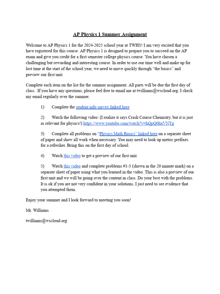 AP Physics 1 Summer Assignment Guide | PDF