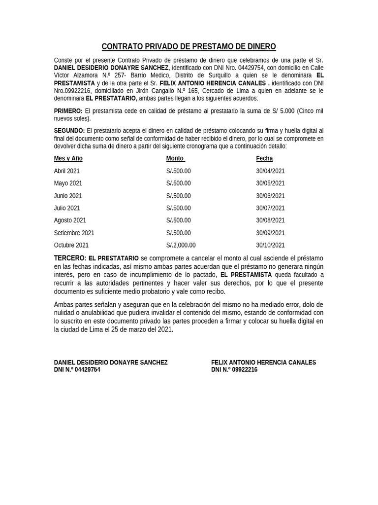 Contrato Privado de Prestamo de Dinero | PDF