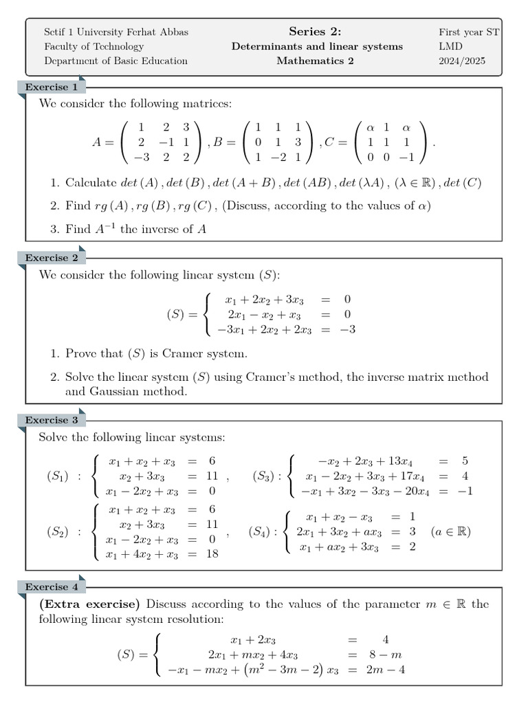 Linear Systems and Determinants Exercises | PDF