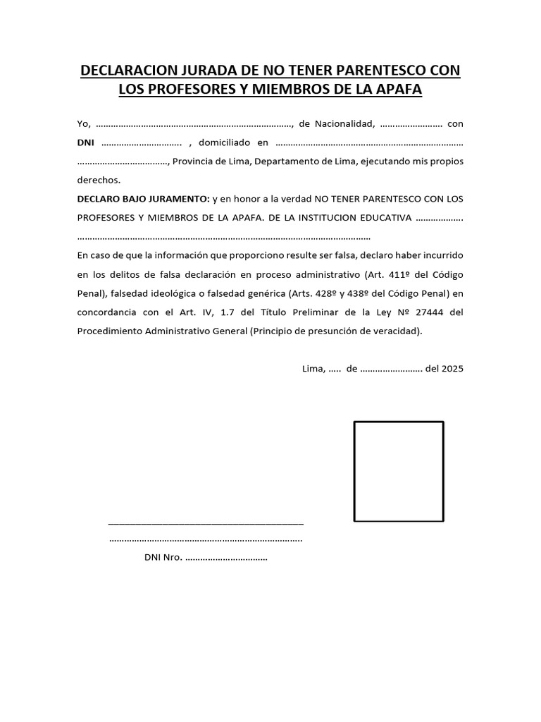 Declaracion Jurada de No Tener Parentesco Ie | PDF