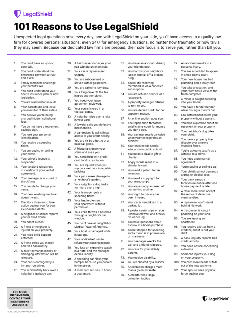101 Reasons To Have A LegalShield Membership | PDF