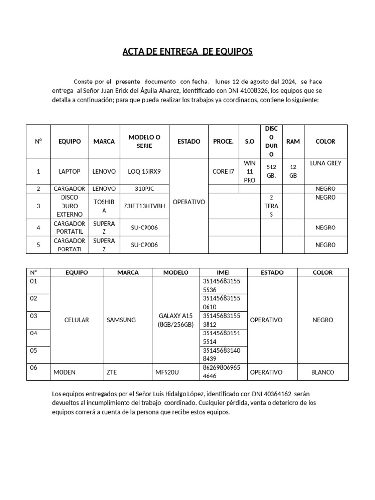 Acta de Entrega de Equipos Tecnológicos | PDF | Computadoras móviles ...