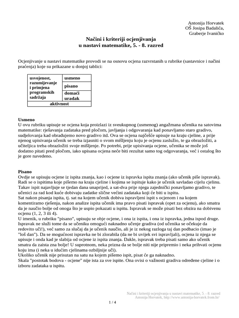 Kriteriji I Nacini Ocjenjivanja Matematika AHorvatek Ver2 | PDF
