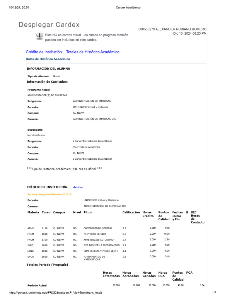 Cardex Académico TODOS LOS CREDITOS UNIMINUTO | PDF