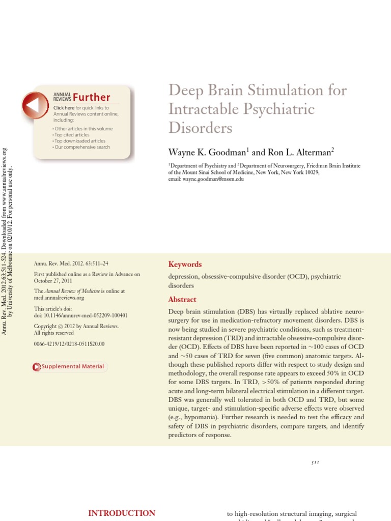 Deep Brain Stimulation For Intractable Psychiatric Disorders | PDF ...