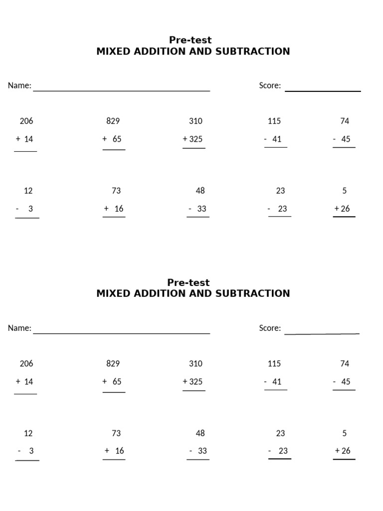 Mixed Addition and Subtraction Test | PDF