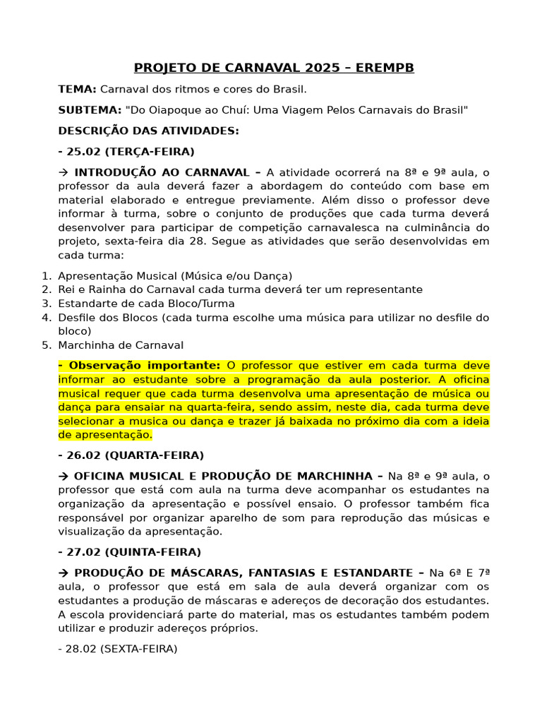 Projeto Carnaval 2025: Ritmos e Cores | PDF