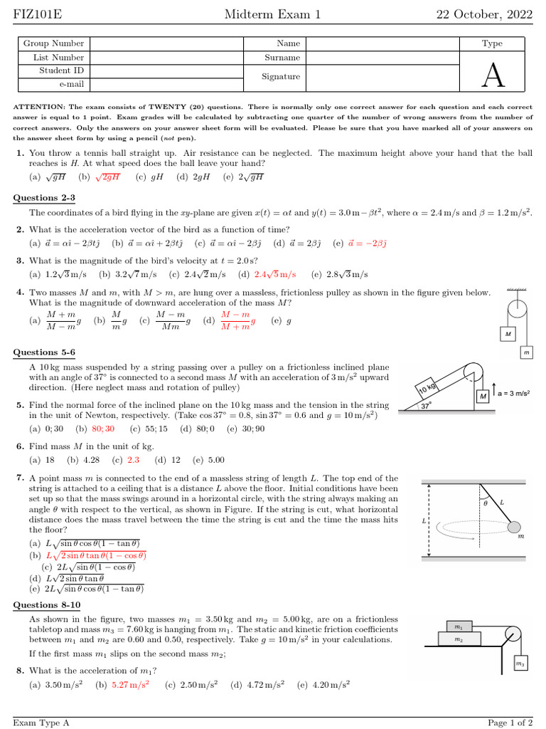 Fiz101e 202223 G v1 A Solution | PDF | Coordinate System | Acceleration