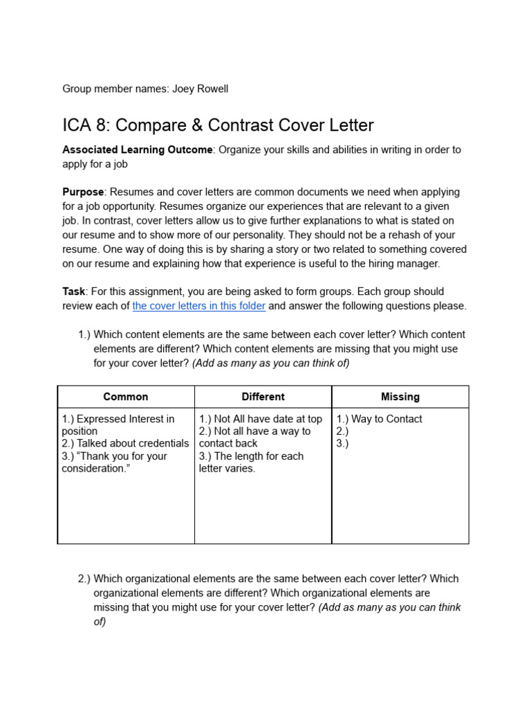 ICA 8 - Compare & Contrast Cover Letter | PDF | Résumé | Cognition