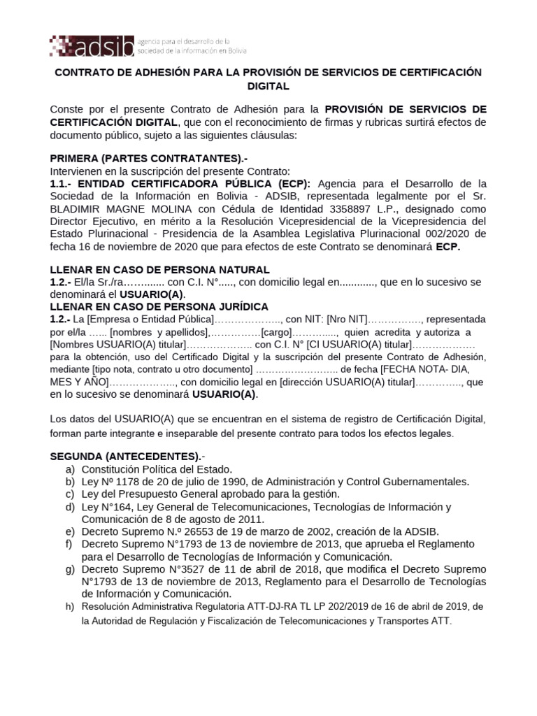Contrato de Adhesión para Certificación Digital | PDF | Factura