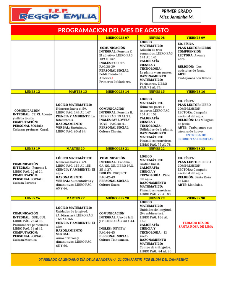 Programación Escolar Primer Grado Agosto | PDF
