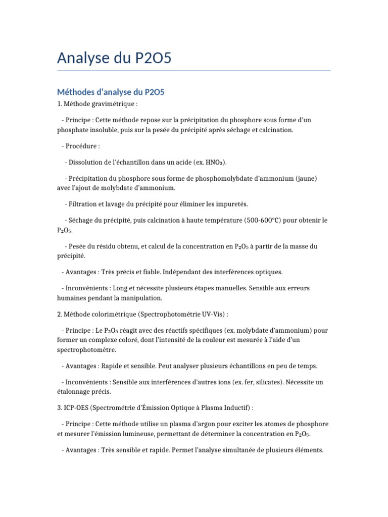 Analyse des Méthodes du P2O5 | PDF | Chimie | Sciences physiques