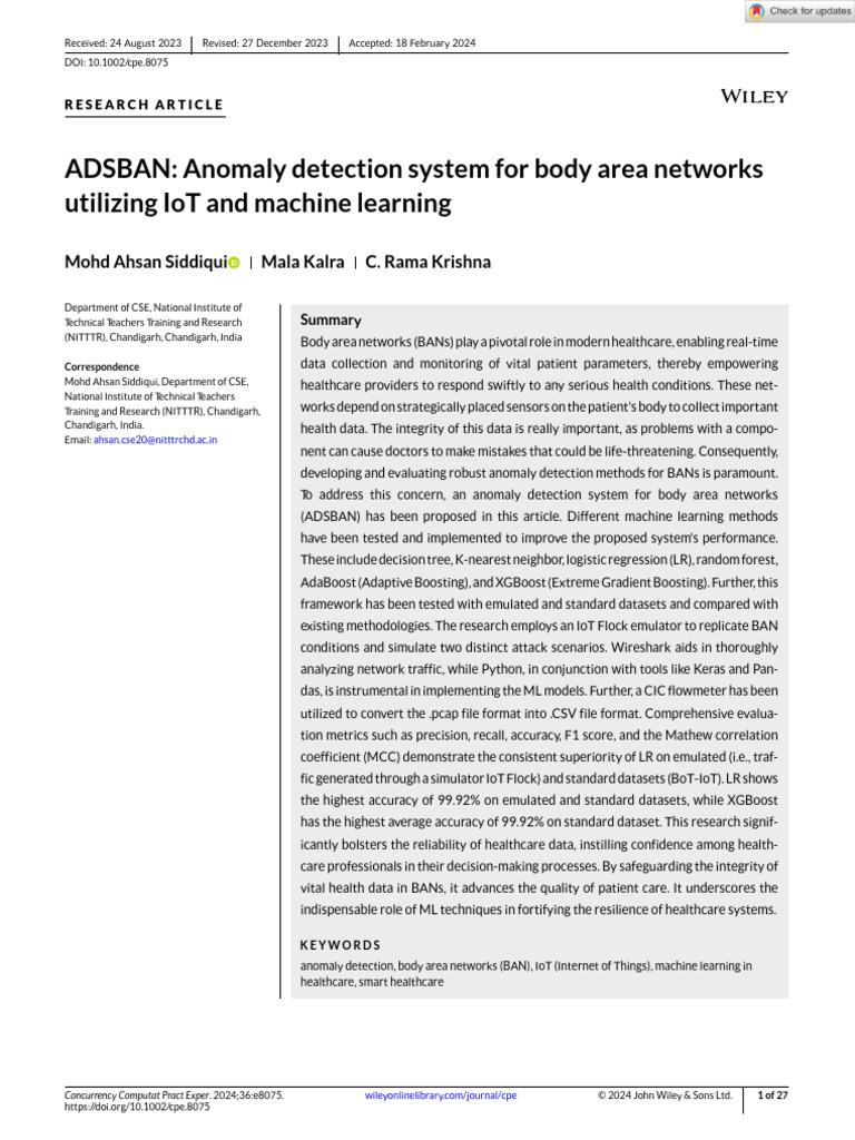 ADSBAN Anomaly detection system for body area networks utilizing IoT ...