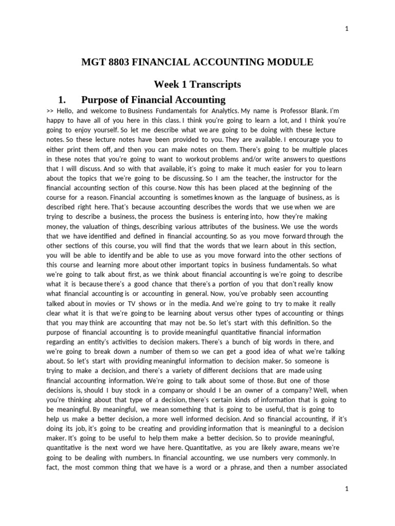 Week 1 Introduction To Financial Accounting Transcripts | PDF ...