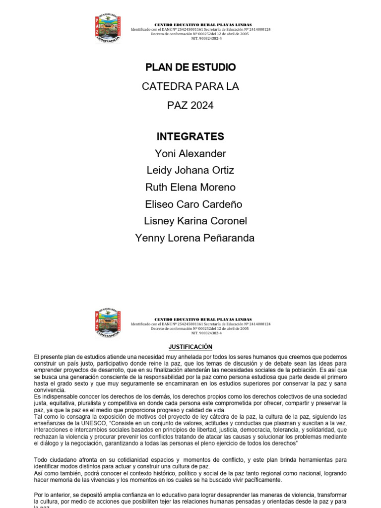 Plan de Estudios Cátedra de la Paz 2024 | PDF | Conocimiento | Paz