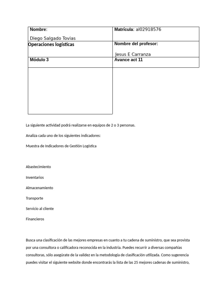 Act 11 Op Log | PDF | Logística | Cadena de suministro