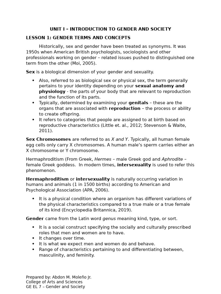 Unit I Lesson 1 Gender and Society | PDF | Gender | Gender Studies