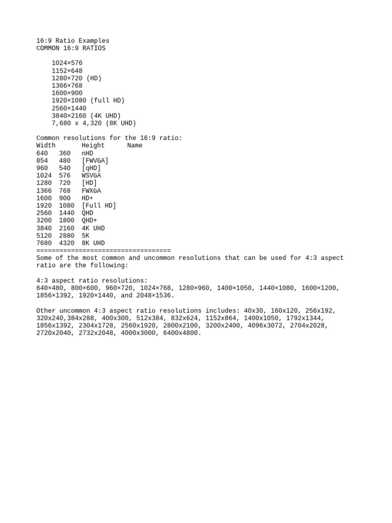 Common Video Ratios | PDF