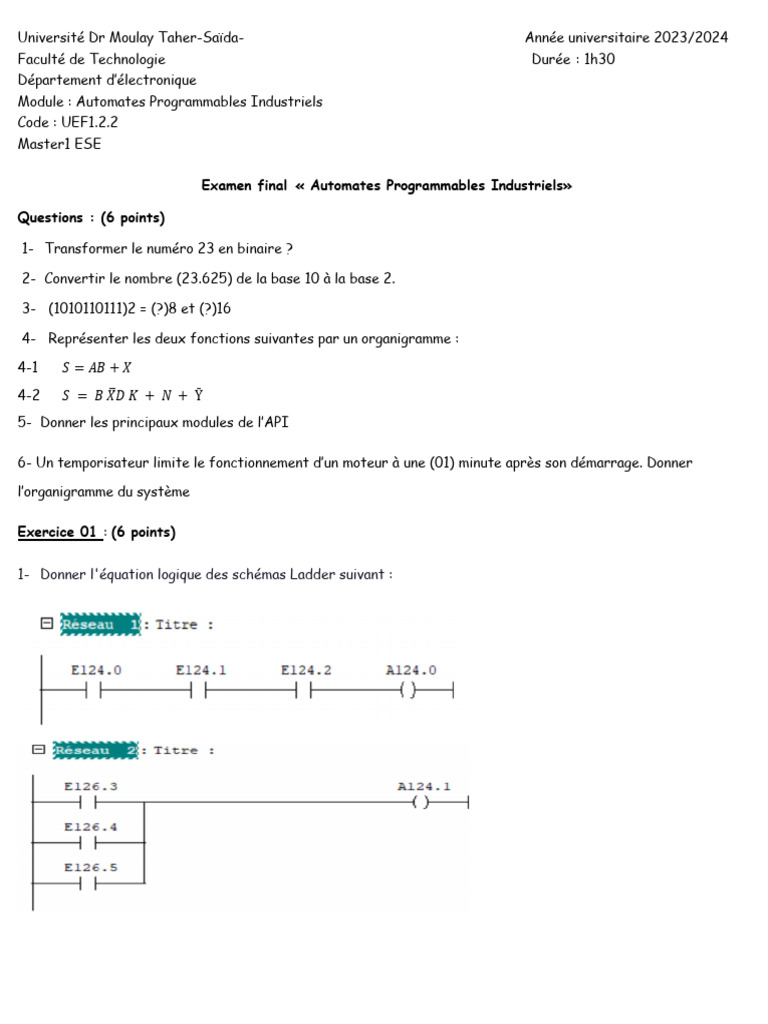Examen Automates Programmables 2023/2024 | PDF