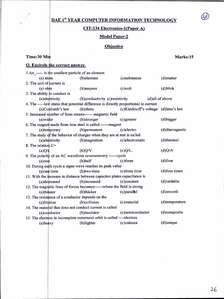 Electronics Model Paper for DAE CIT 1st Year | PDF | Capacitor | Inductor