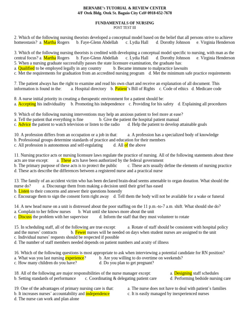 Nursing Fundamentals Post Test Review | PDF | Medicine | Health Care