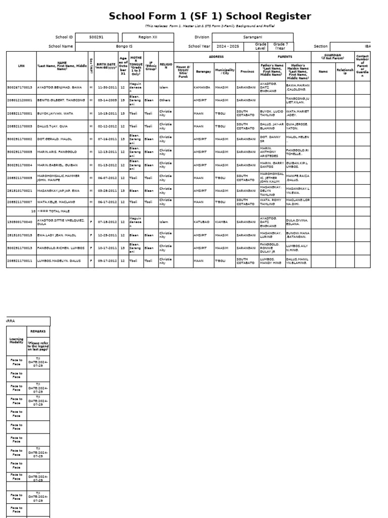 School Register SF 1 for Bongo IS 2024-2025 | PDF | Mindanao