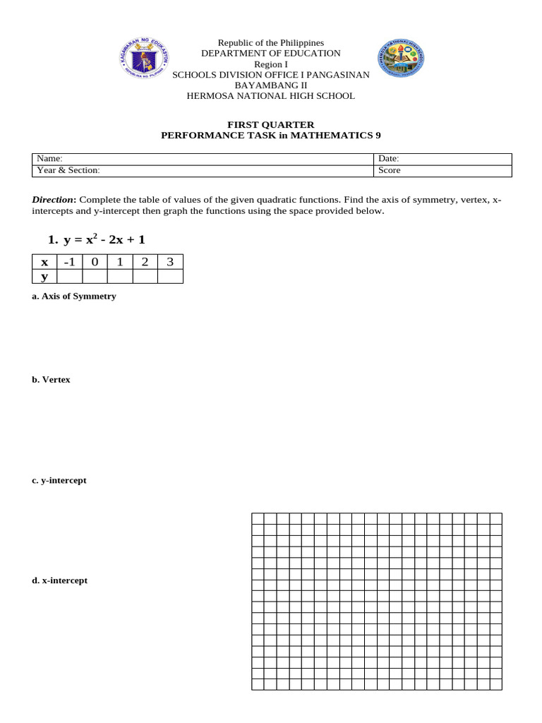 y X - 2x + 1 X Y: First Quarter Performance Task in Mathematics 9 | PDF