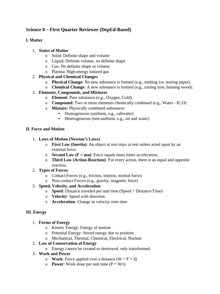Science 8 First Quarter Review Guide | PDF | Force | Earth