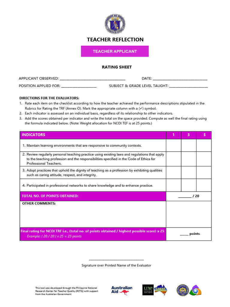 Teacher Evaluation Rating Sheet | PDF | Teachers | Learning