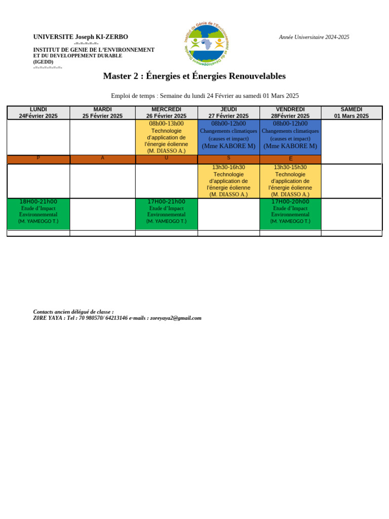 Emploi du temps Master Énergies 2025 | PDF