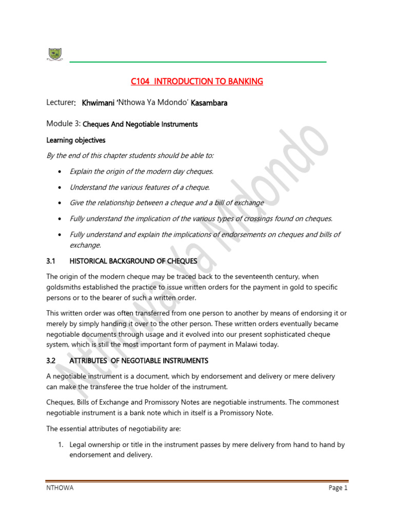 Understanding Cheques and Negotiable Instruments | PDF | Negotiable ...