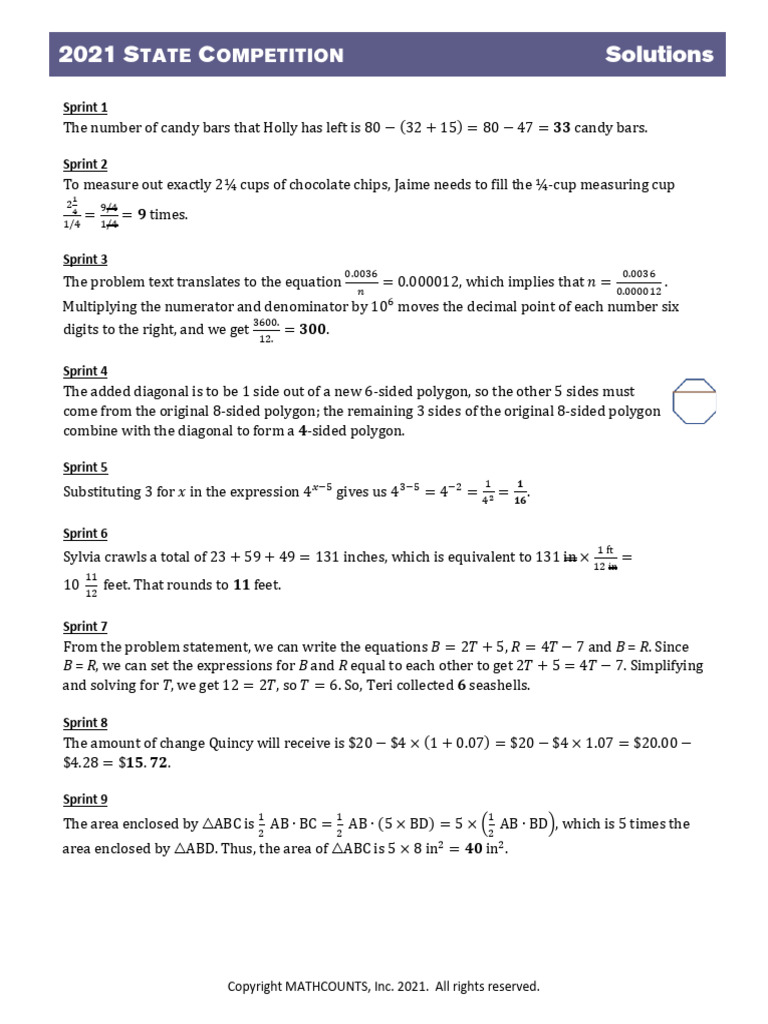 2021 State Competition Solutions | PDF | Area | Arithmetic