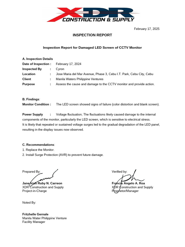CCTV Monitor LED Screen Inspection Report | PDF