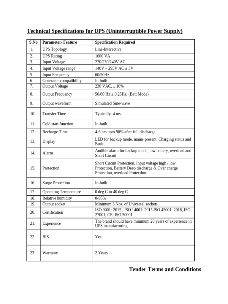 UPS Technical Specifications and Bid Requirements | PDF | Power Supply ...