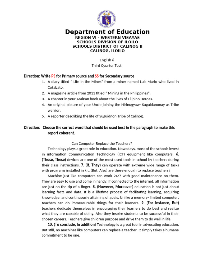 District English 6 3rd Quarter Test | PDF | Evidence | Learning