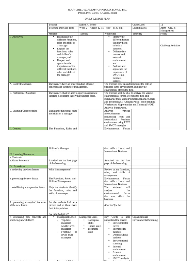 Grade 12 Management Lesson Plan | PDF | Swot Analysis | Learning