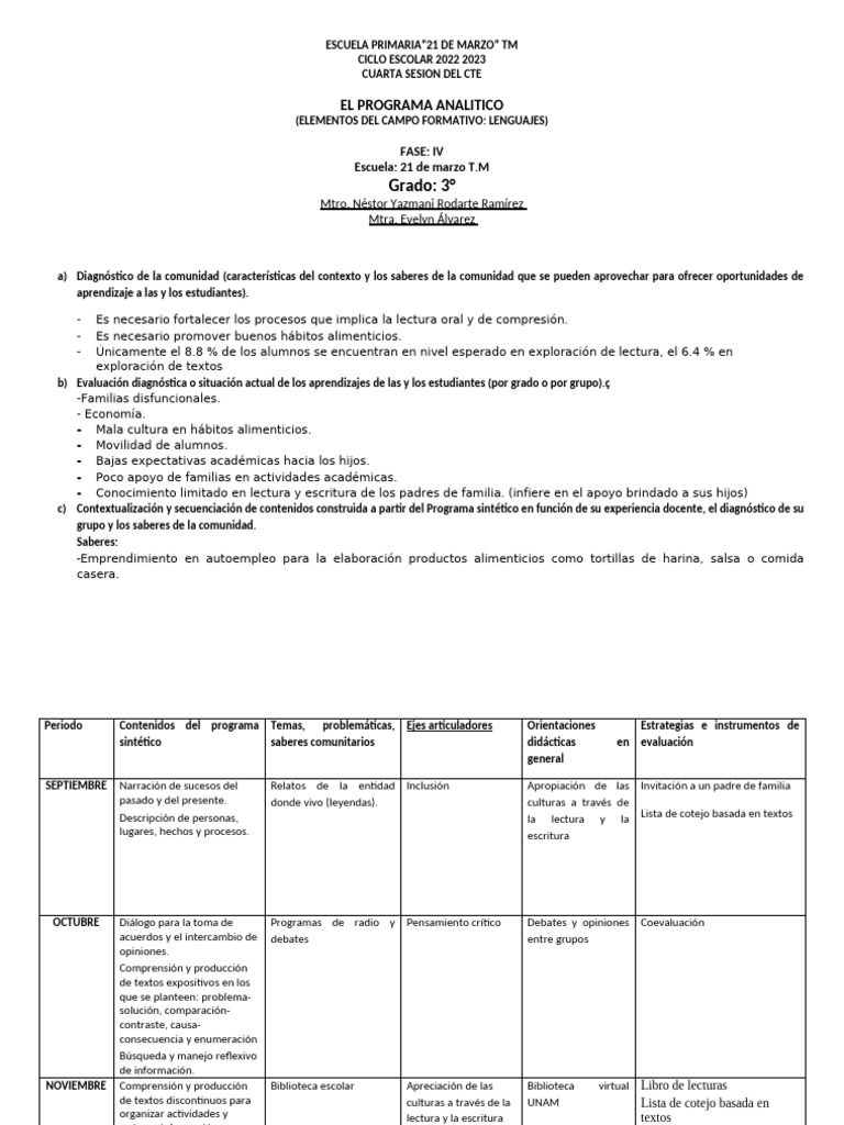 Cuadro Plan Analitico | PDF | Aprendizaje
