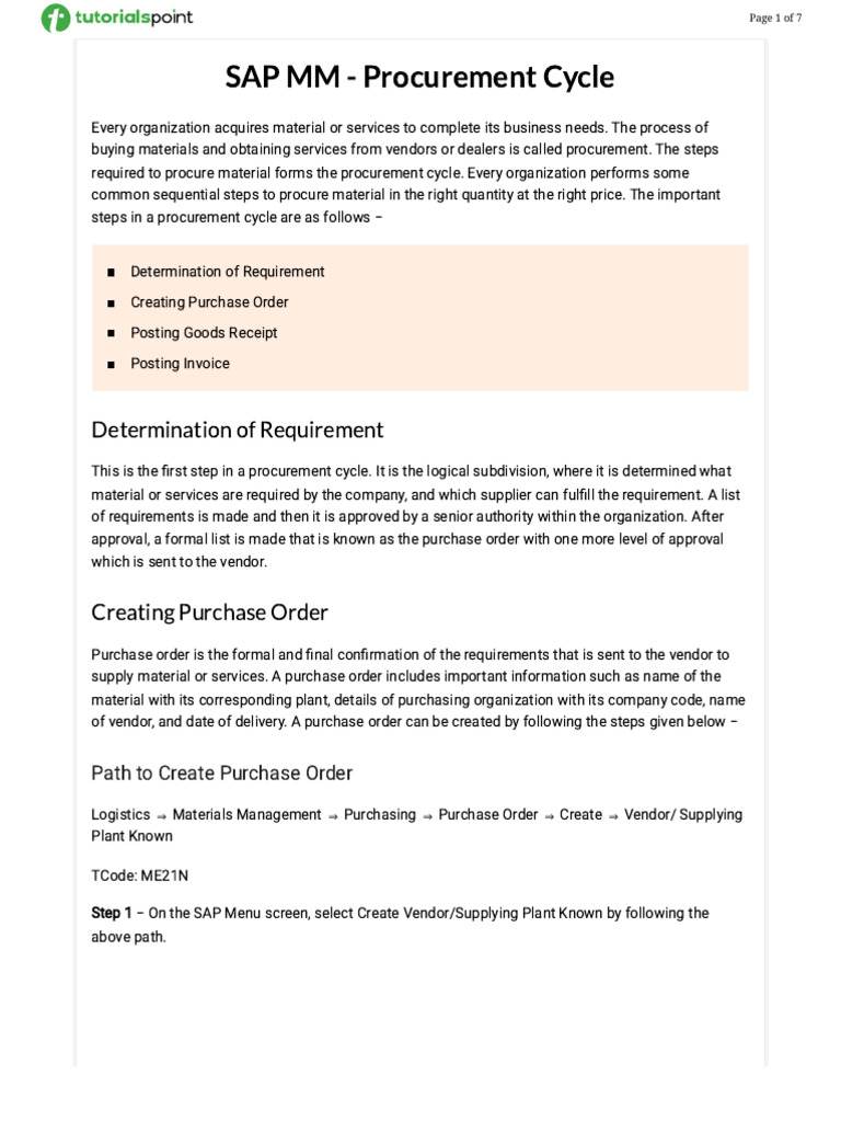 SAP MM Procurement Cycle Explained | PDF | Receipt | Procurement