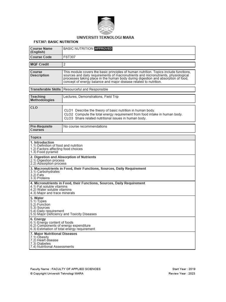 Basic Nutrition Course Outline | PDF | Nutrition | Diet & Nutrition