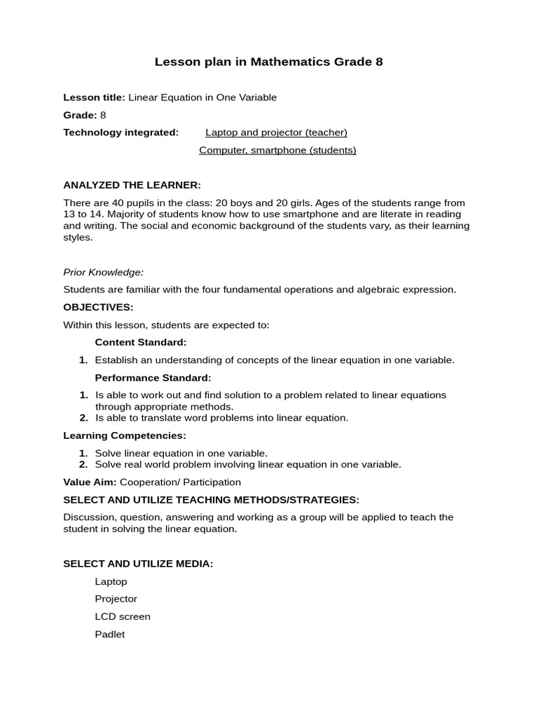 Grade 8 Lesson Plan: Linear Equations | PDF | Equations | Teachers